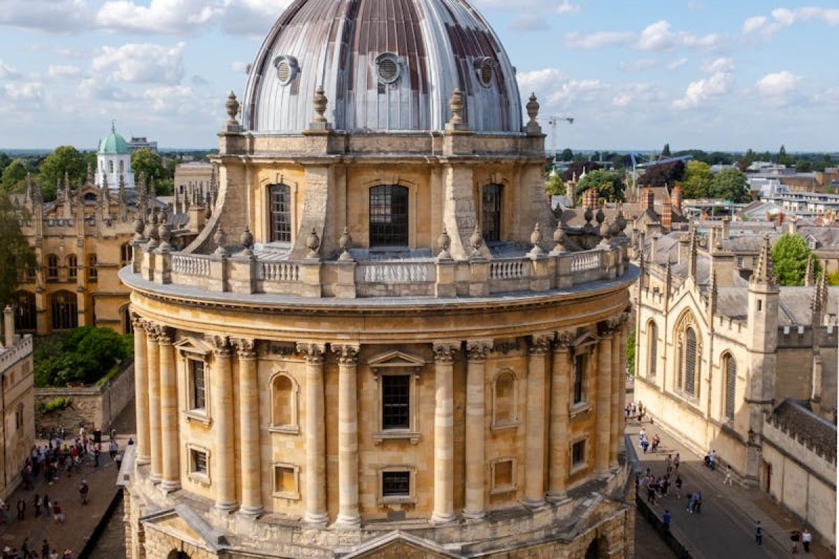 Majestic aerial shot of Radcliffe Camera, an iconic historic library in Oxford, England.