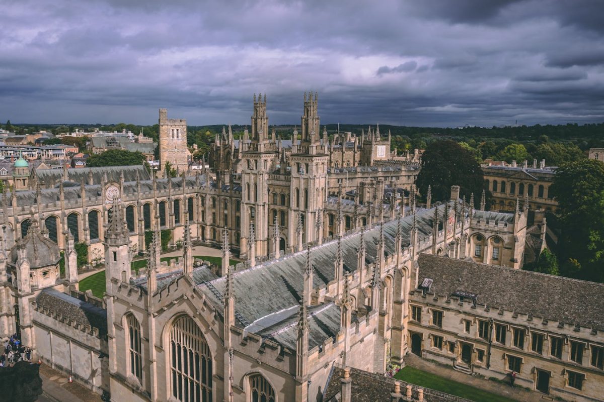 Explore the stunning aerial view of Gothic architecture at Oxford University, showcasing its historic charm.
