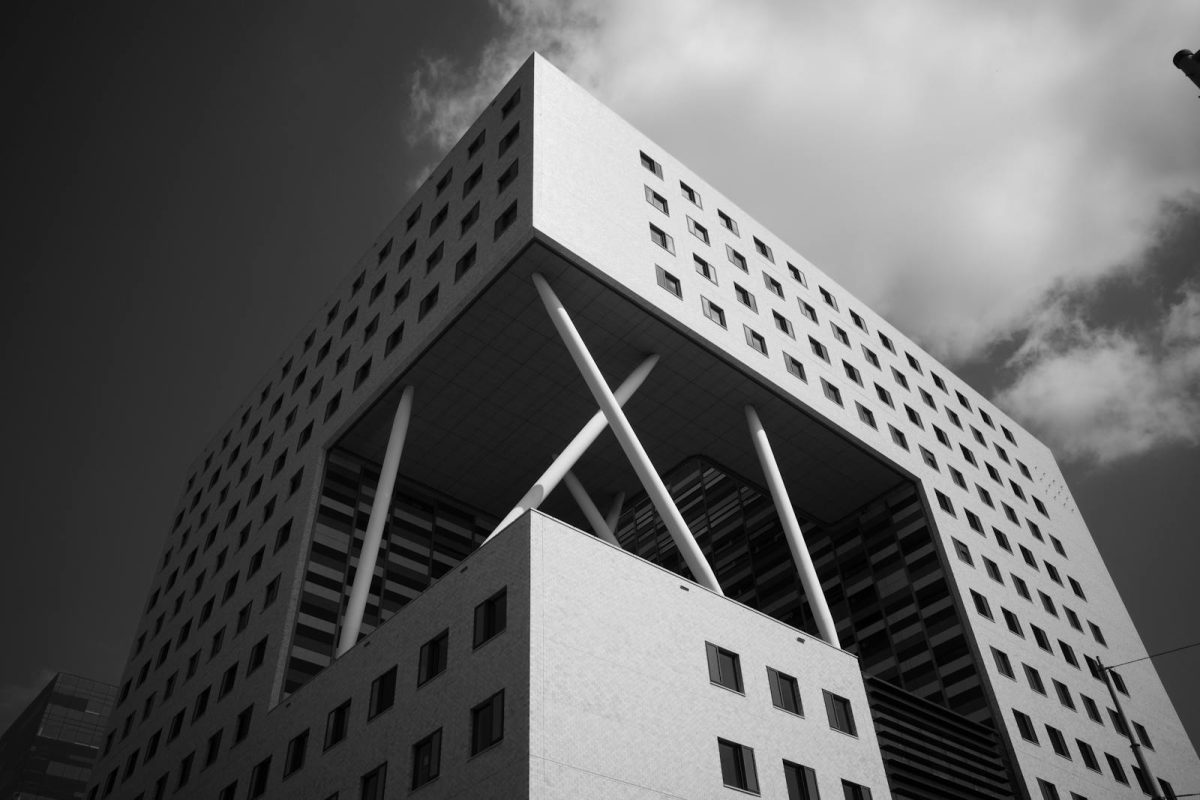 Black and white photo of modern architecture with geometric design in Amsterdam.