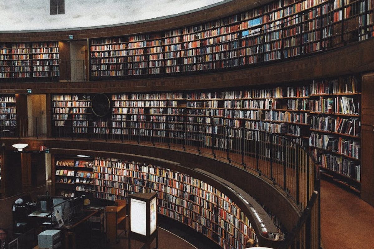 Explore a stunning circular library with endless bookshelves, offering a haven of knowledge and tranquility.