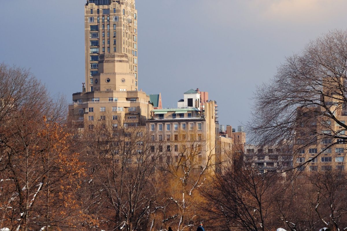 New York City Manhattan Central Park in winter with snow and city skyline with skyscrapers, bridge and cloudy sky.